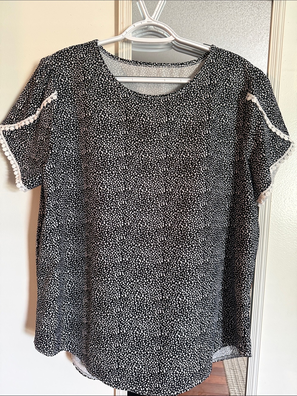 Black & White Dot Short Sleeve Blouse with Lace Trim
